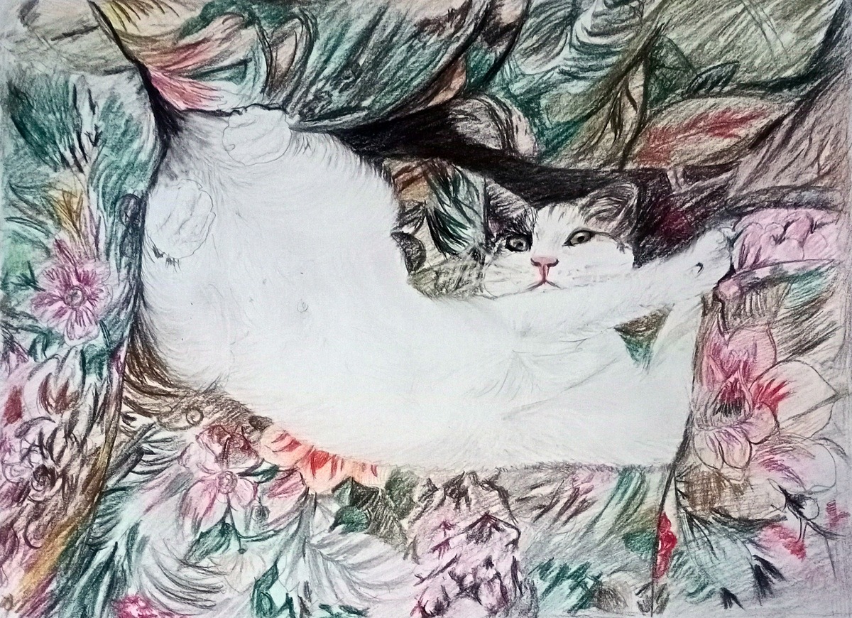 A memorial painting of a cat in a vibrant color pencil style, resting on a piece of fabric.