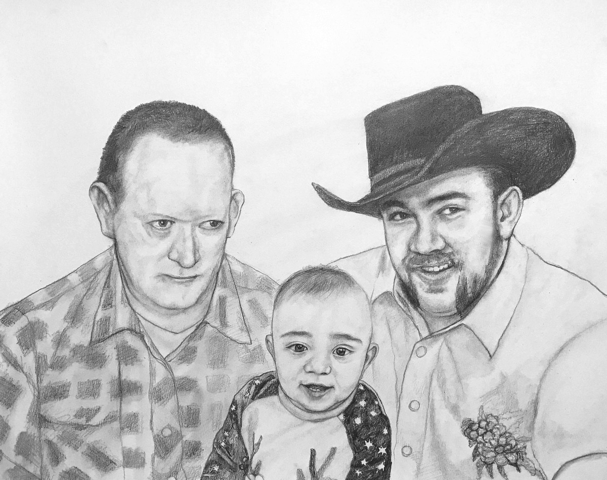 A pencil drawing of a family with a baby in a cowboy hat, in a smooth style.