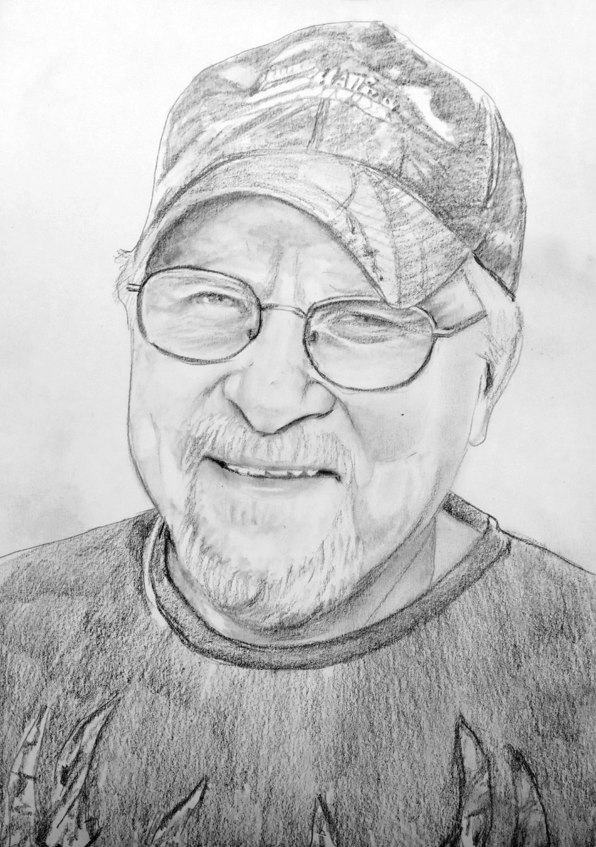 A memorial pencil drawing of an older man with glasses and a hat in a smooth style.