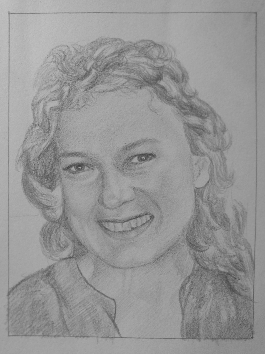 A pencil sketch of a smiling woman.