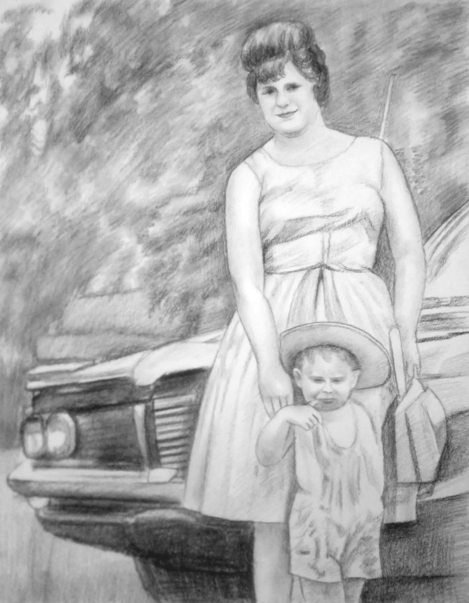 A smooth pencil portrait of a woman and child in front of a car, perfect for Mother's Day.