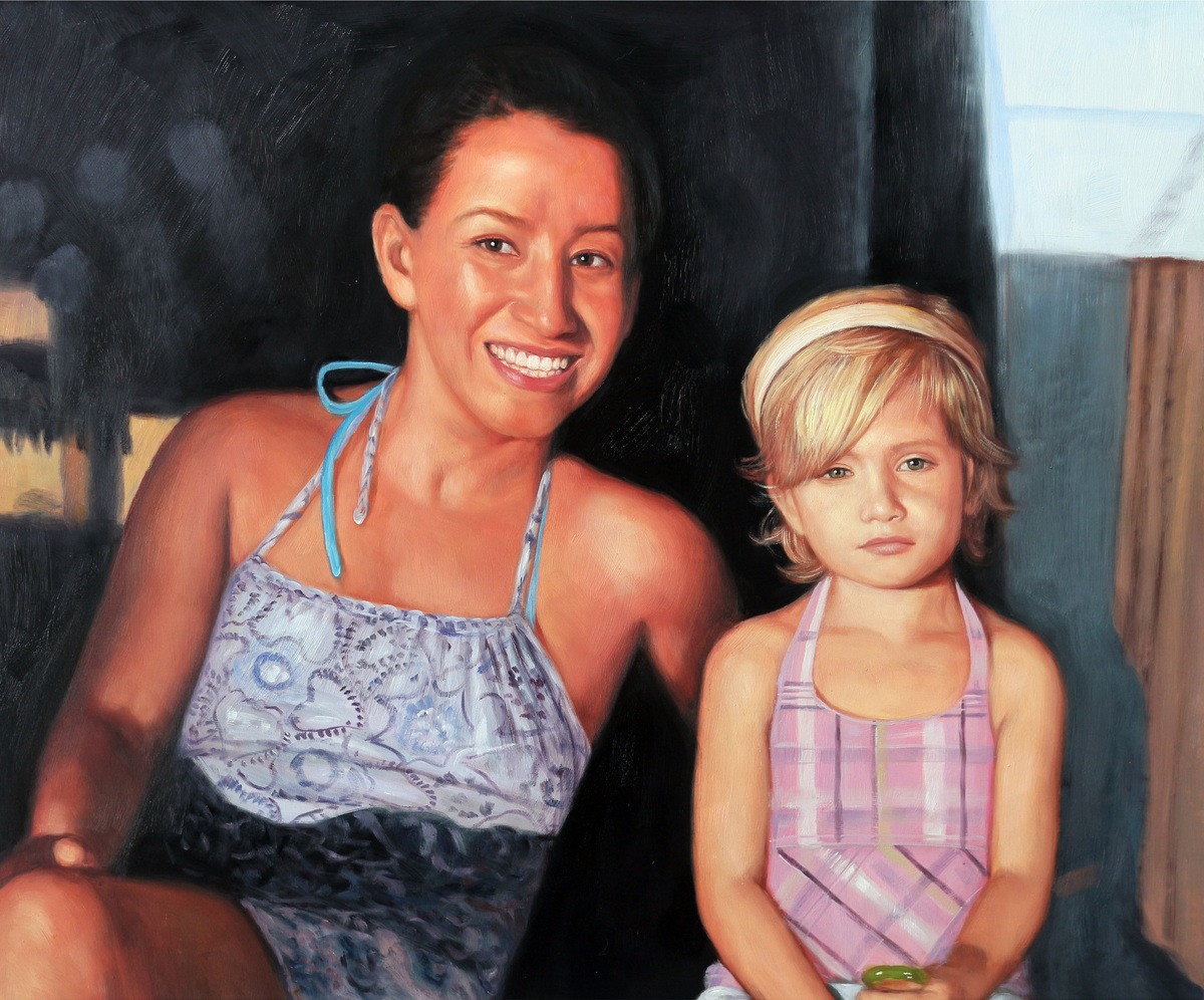A thick oil painting capturing the bond between a mother and daughter, perfect for a meaningful gift for mom.