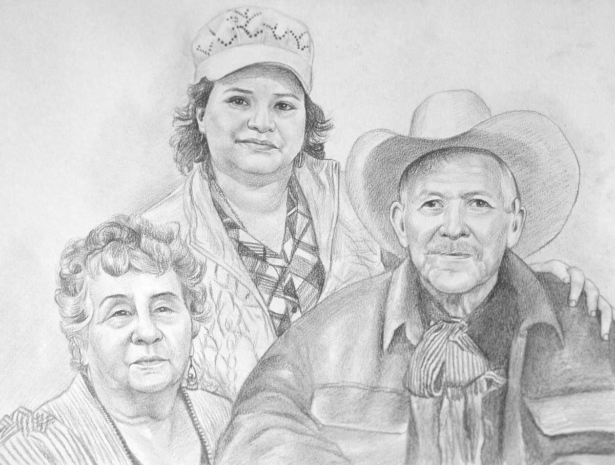 A pencil sketchy style drawing of three people in cowboy hats.