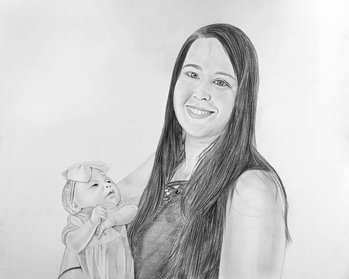 A black and white pencil drawing of a mother holding a baby, perfect as a Mother's Day painting idea.