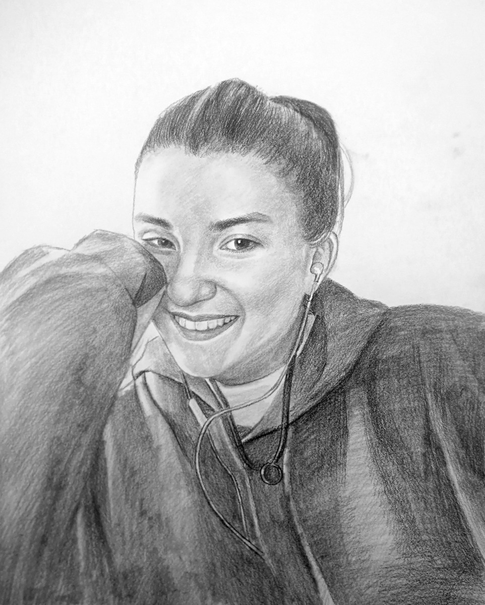A pencil sketchy style drawing of a woman smiling.