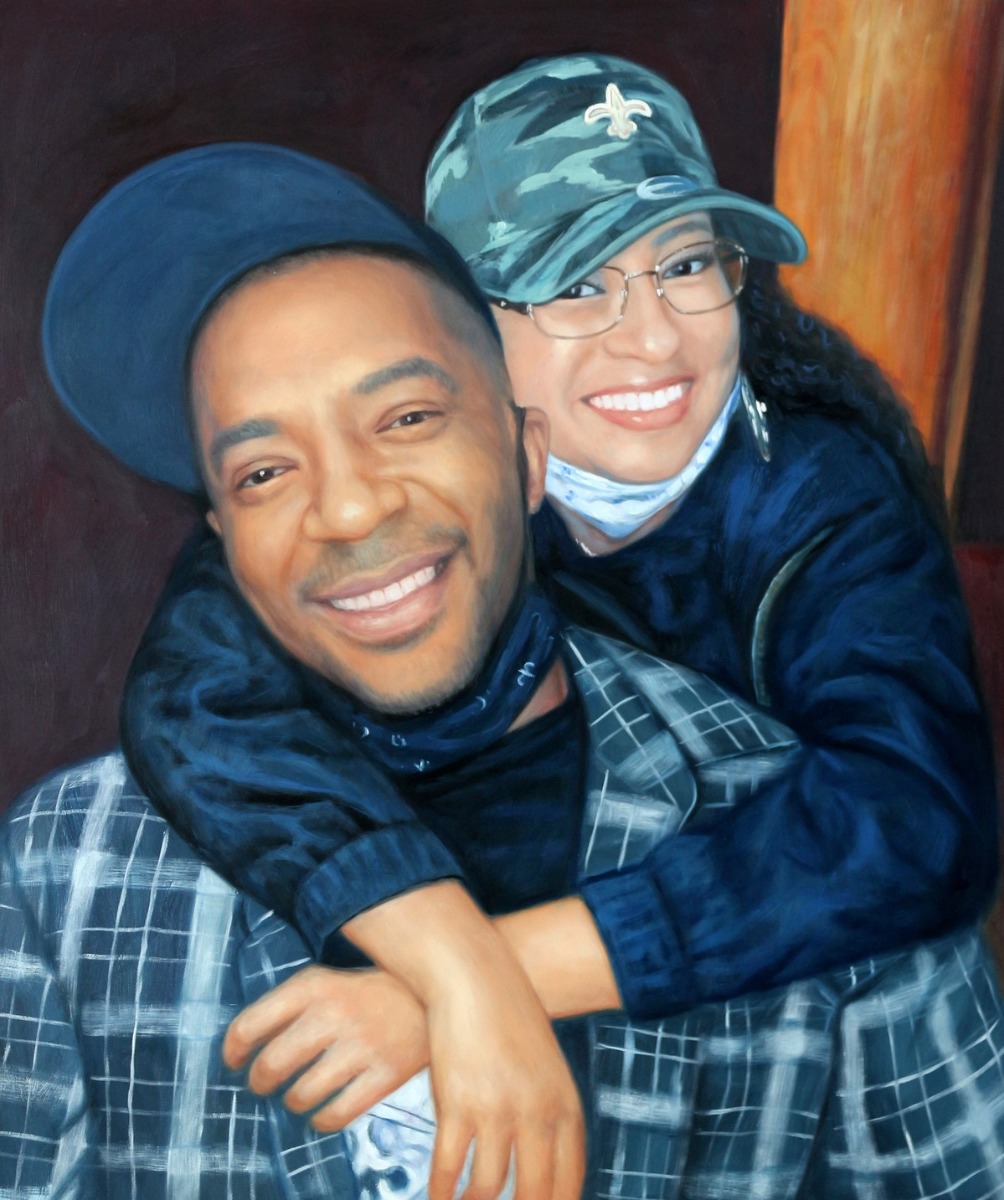 An oil painting of a man and woman embracing each other in a thick, expressive style.
