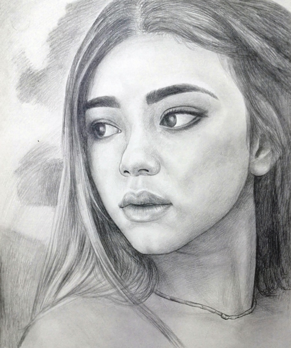 A smooth pencil drawing of a girl with long hair.