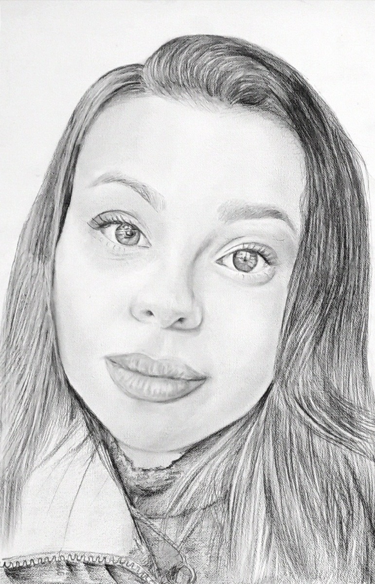 A personalized pencil drawing of a woman with long hair in a smooth style.