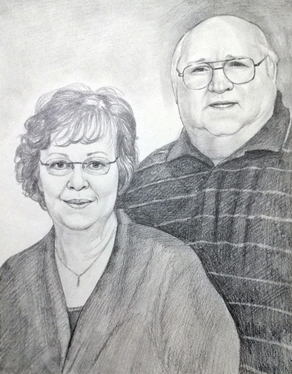 A pencil drawing of an older man and woman, perfect as an anniversary gift.