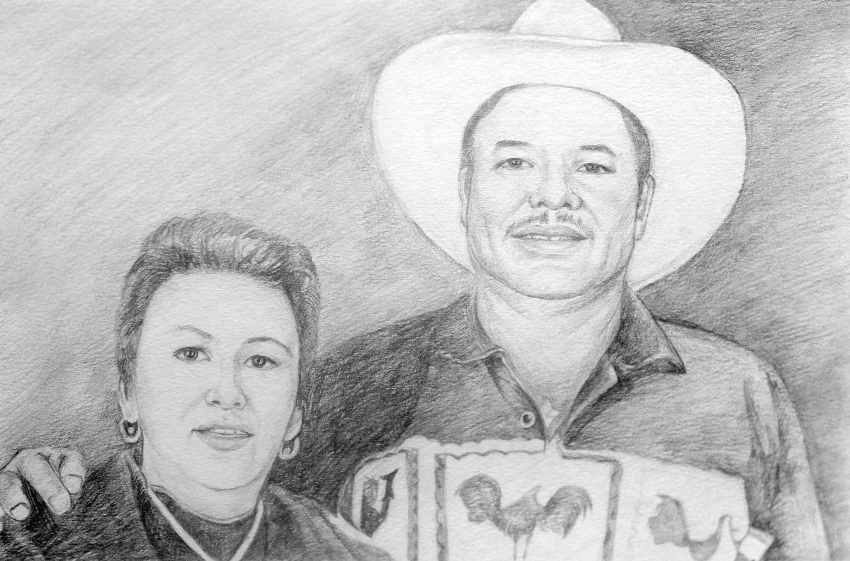 A pencil sketch style drawing of a man and woman wearing cowboy hats, suitable for wedding anniversary painting ideas.