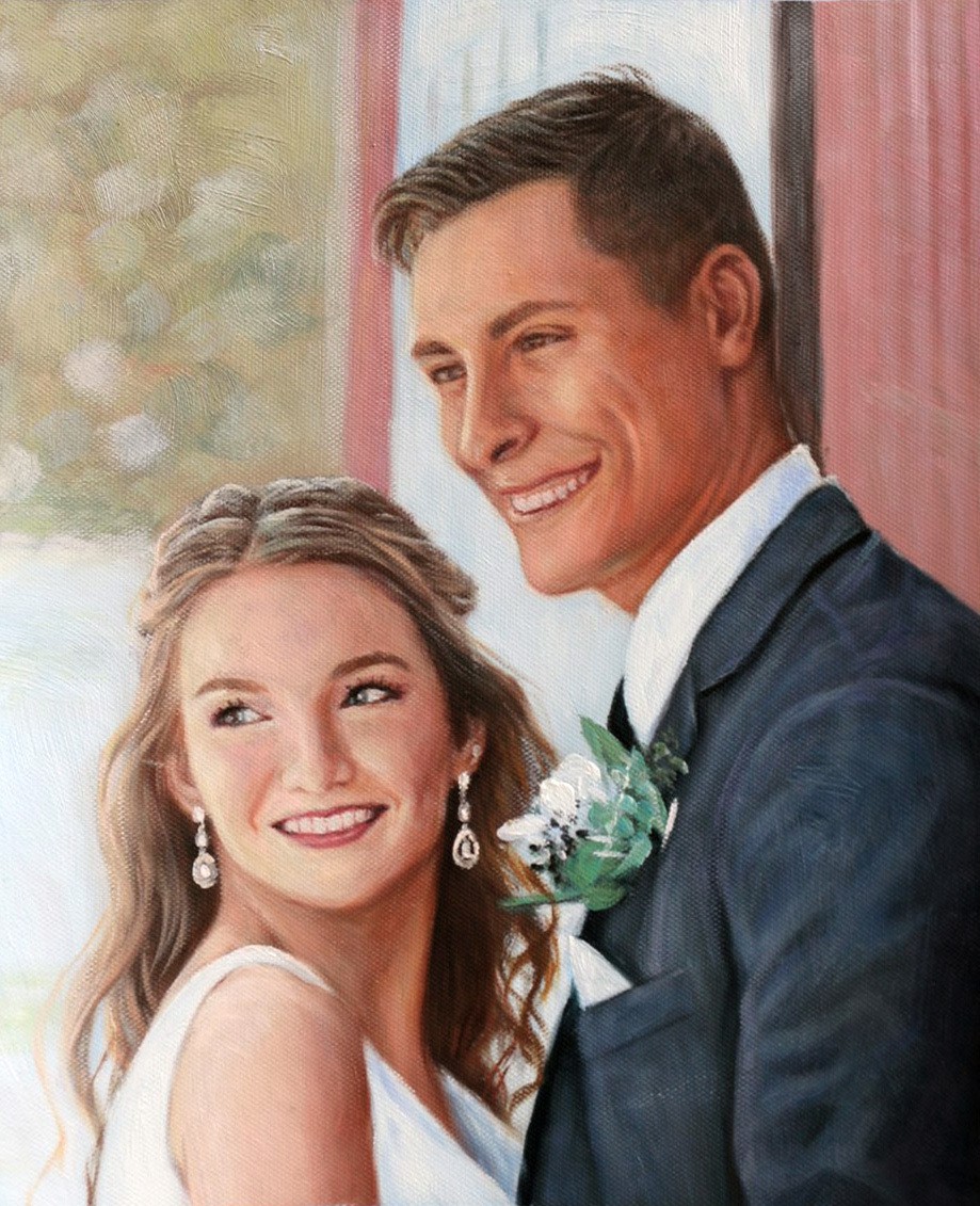 An oil painting of a bride and groom featuring a thick, expressive style.