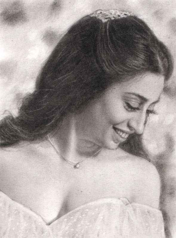 A charcoal drawing of a woman in a white dress, perfect for an anniversary gift.
