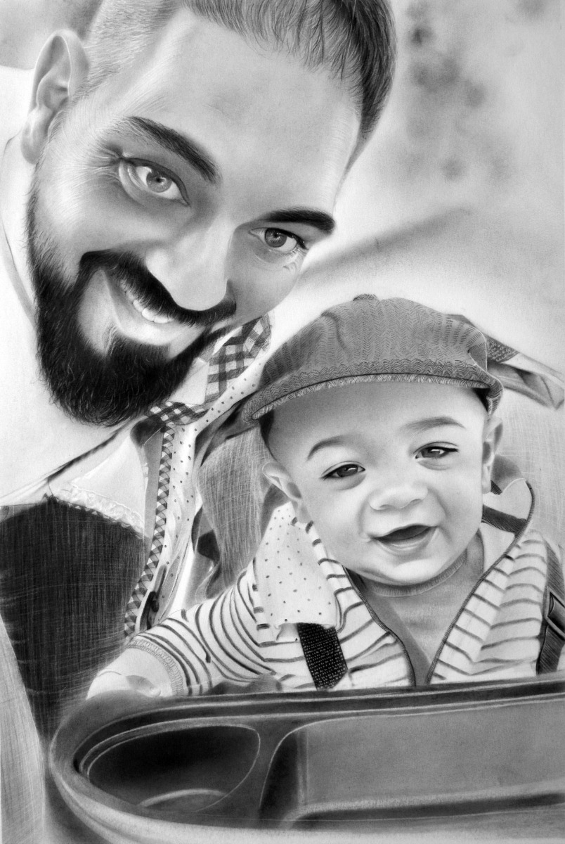 A black and white drawing of a man holding a baby, capturing a child portrait moment.