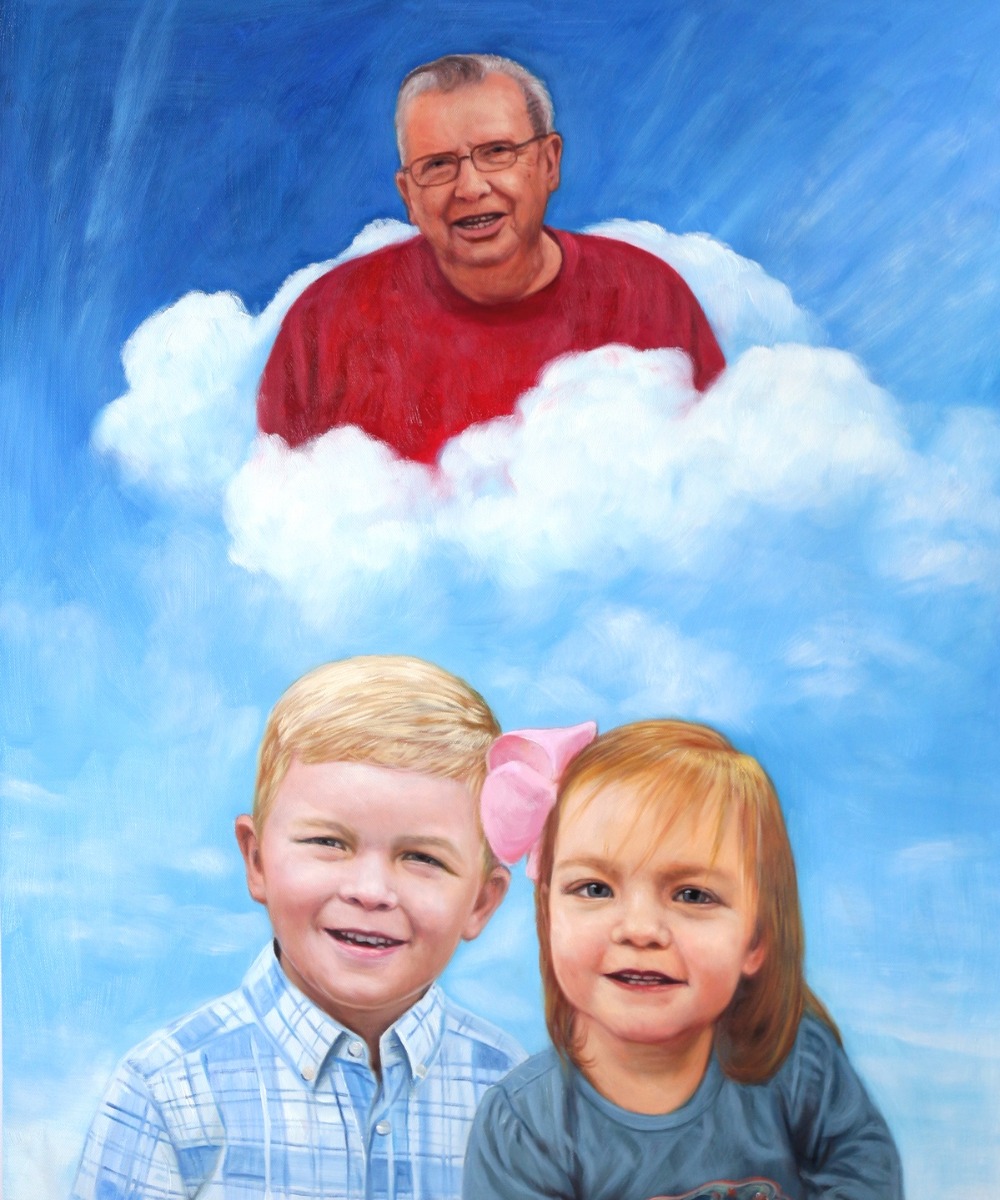 An oil painting portraying two children and a man on a cloud - commissioned children portraits.