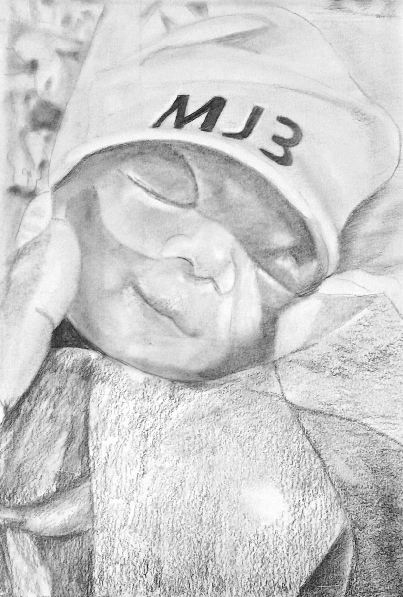 A custom pencil drawing of a baby wearing a hat in a smooth style.