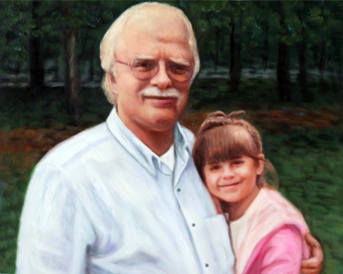 An oil painting capturing the tender bond between an older man and a little girl through a thick brush style.