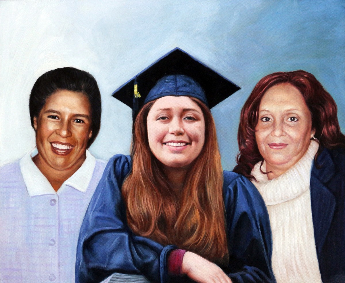 A collage painting of three women in graduation hats, created in a fine brush style using oil paint.