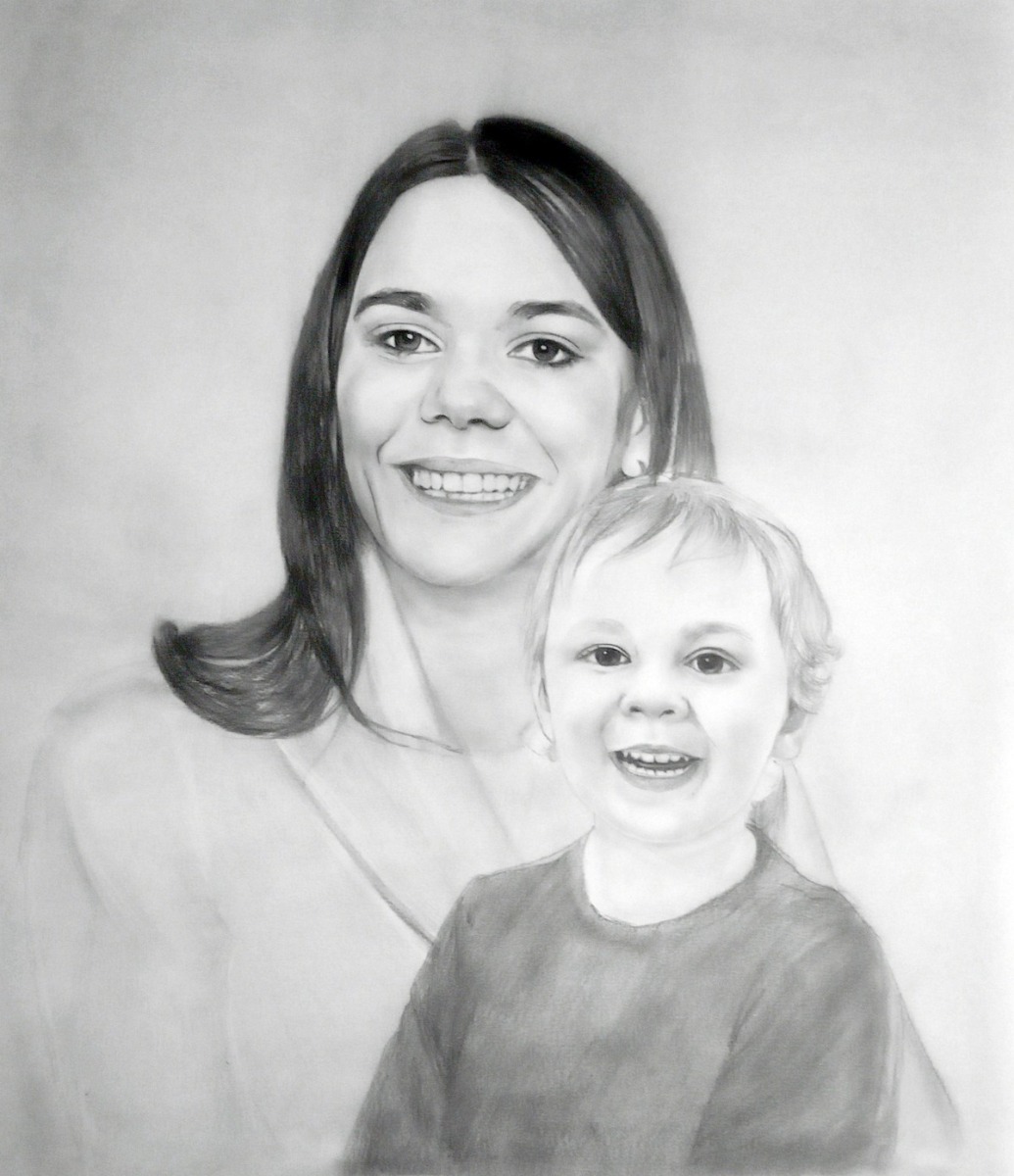 A smooth style pencil drawing of a woman and her son.