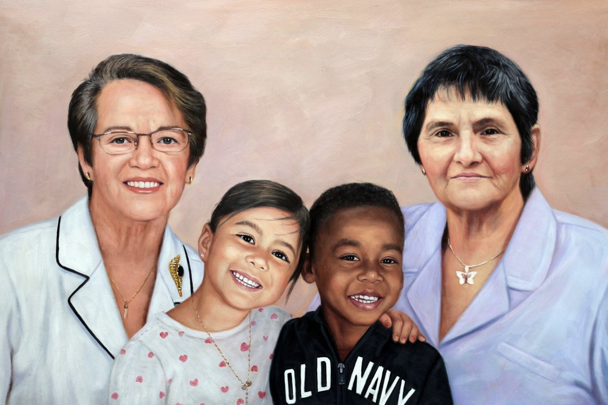 A fine brush oil painting of two elderly women and two children, perfect for grandparents.