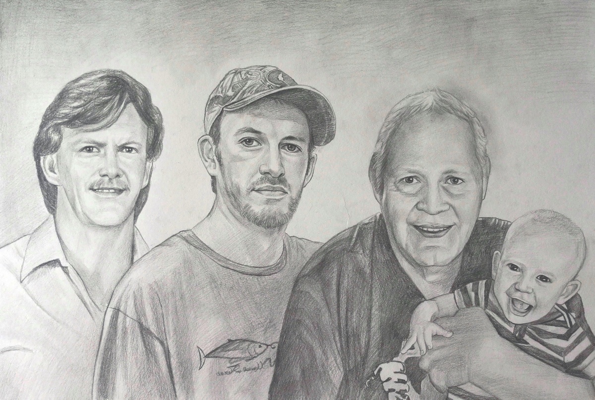 A pencil sketch-style family portrait featuring three generations with grandparents and a baby.