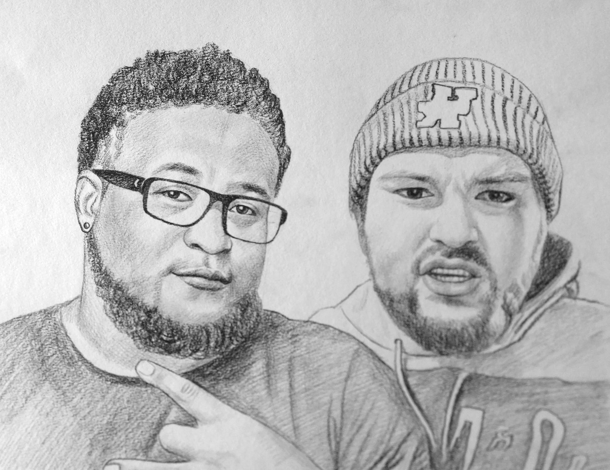 A pencil drawing of two best friends with beards.