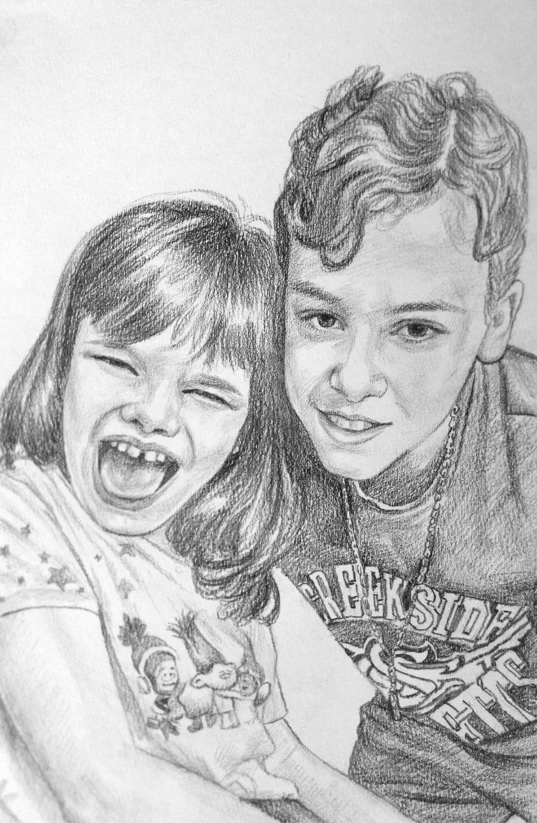 A best friends portrait drawing of a boy and a girl laughing.