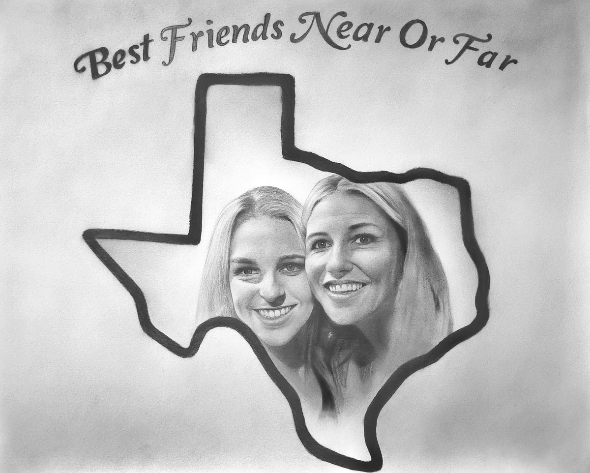 A black and white photo of two women with the words best friends near or far, capturing a best friend portrait.