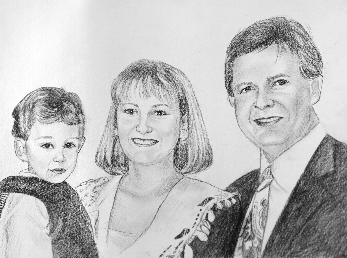 A couple portrait of a family with a child, created through pencil drawing.