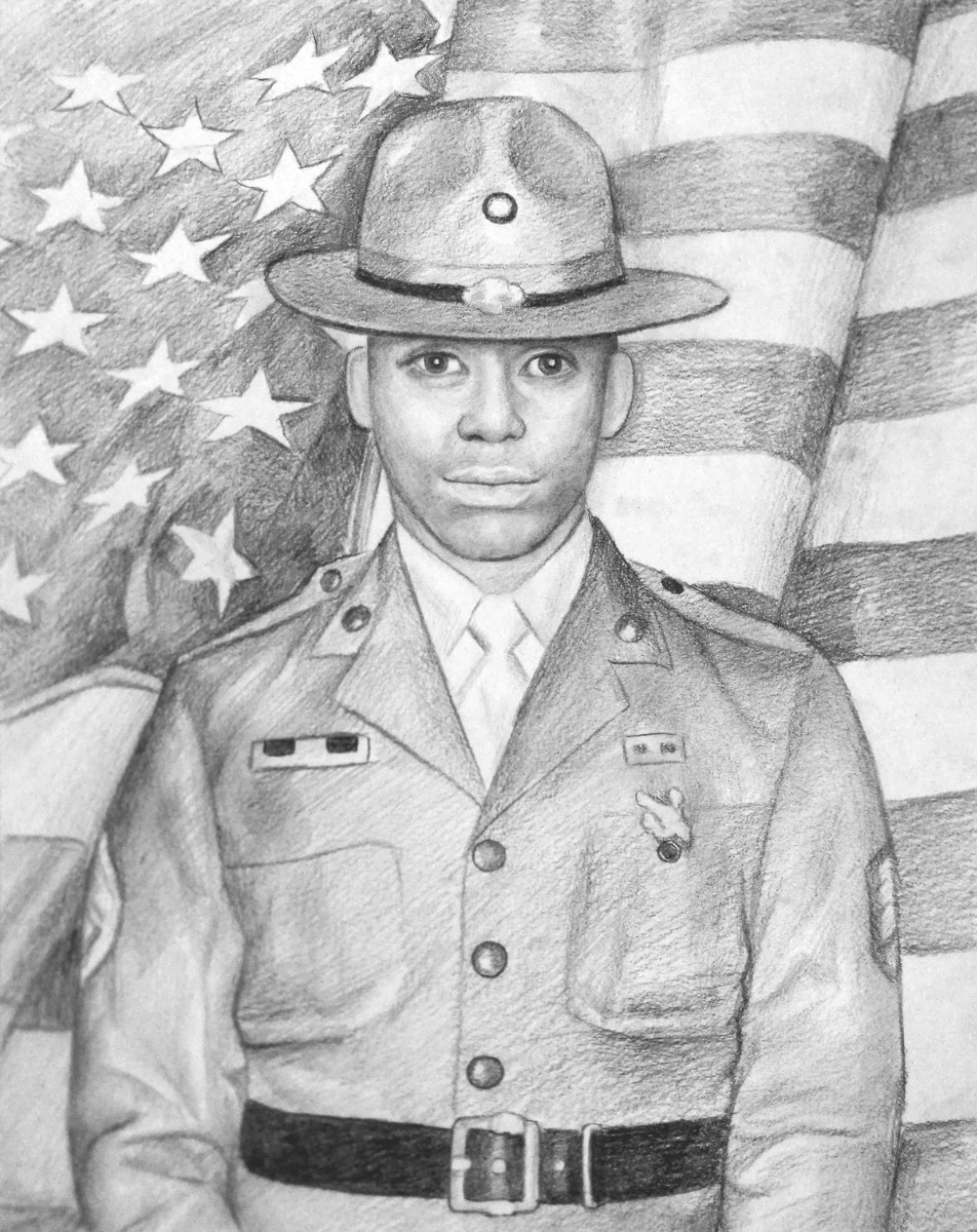 A pencil sketch of a soldier in uniform.