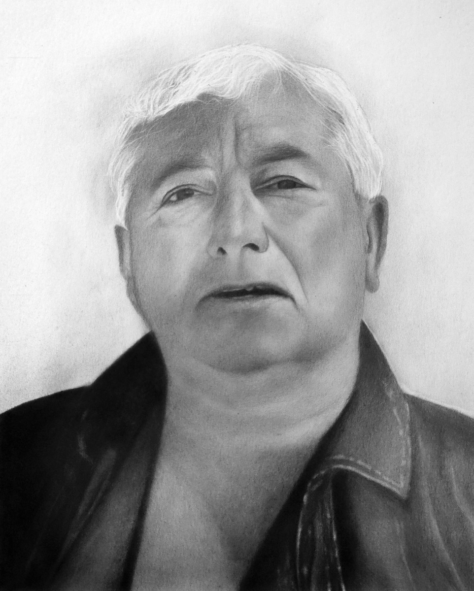 A charcoal drawing of an older man in a dark style.