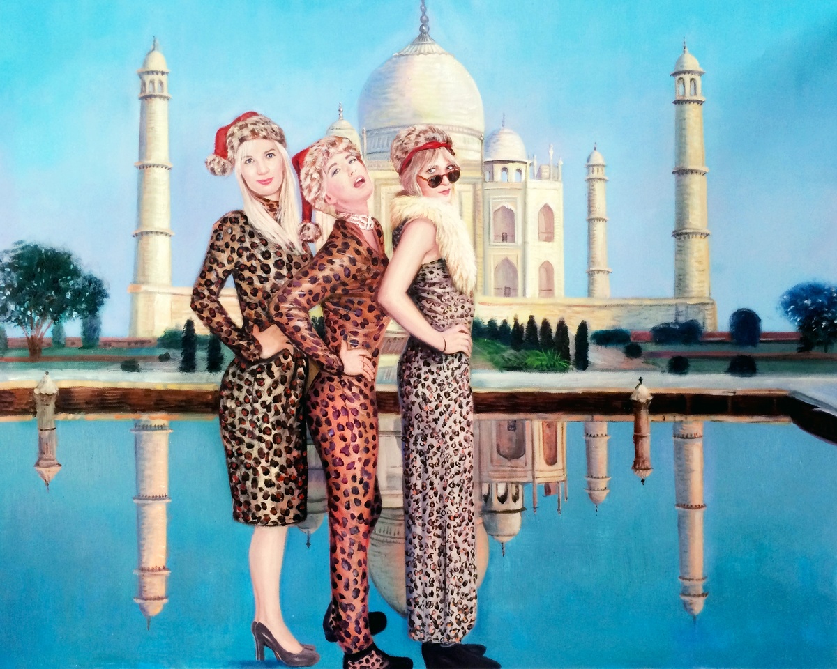 Three women in leopard outfits standing in front of the Taj Mahal, depicted in an oil painting.
