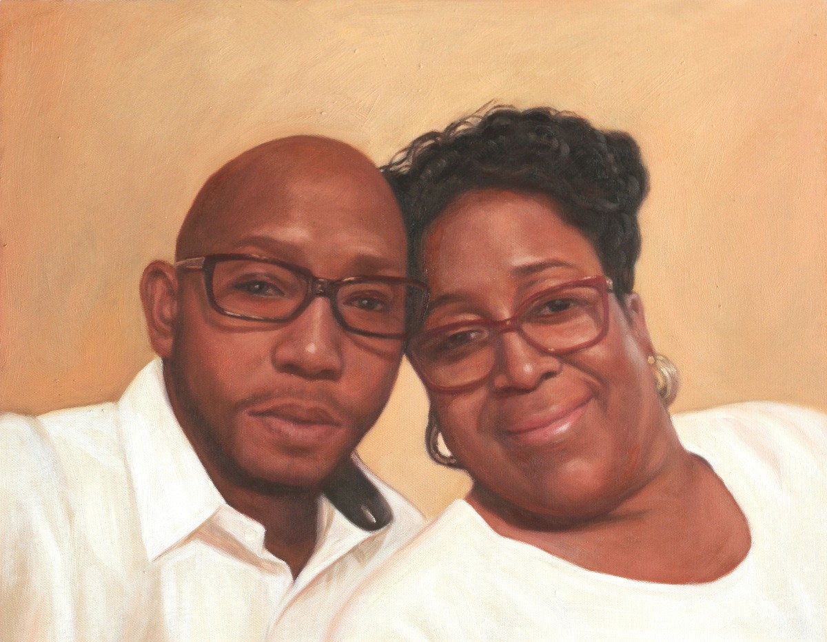 A family oil painting of a man and woman posing for a photo.