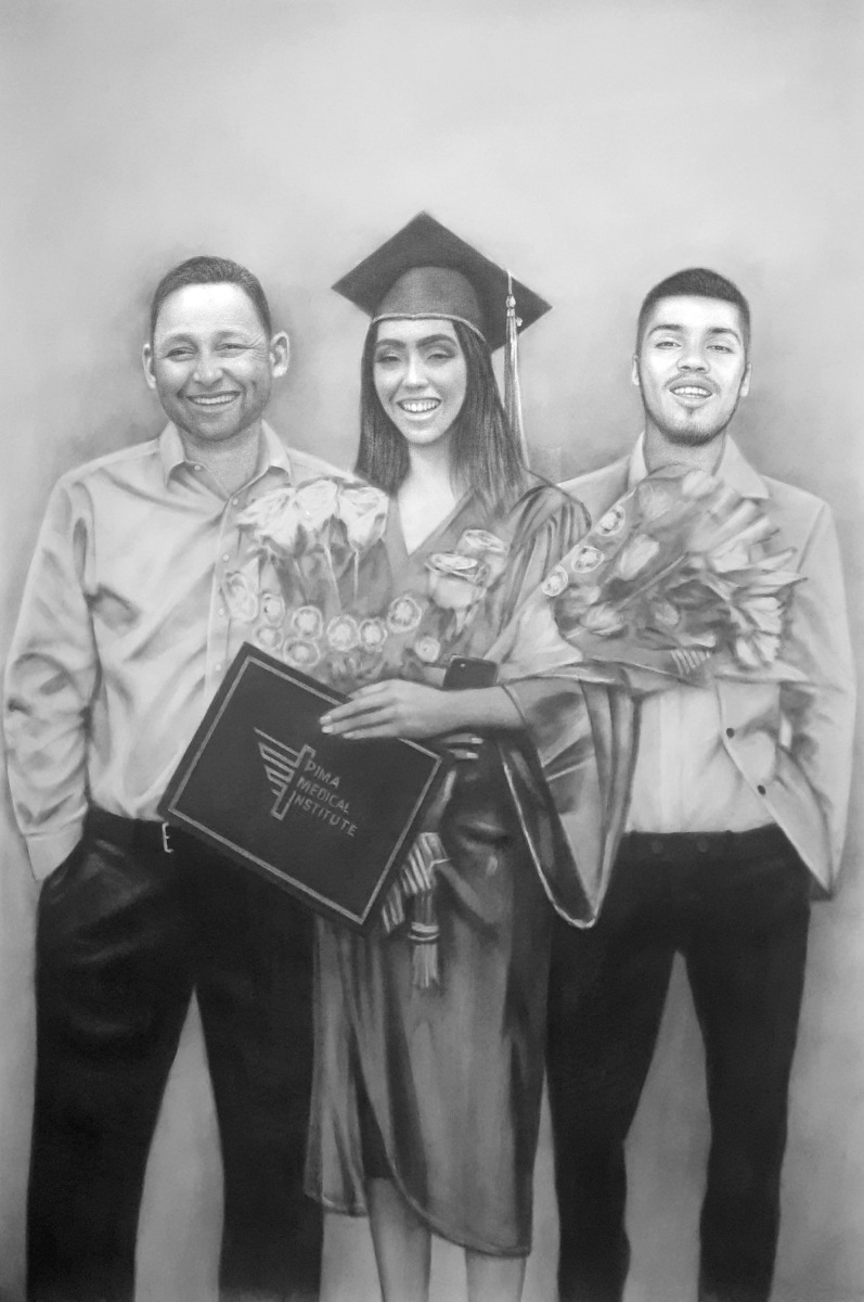 A black and white family drawing of people in graduation gowns.