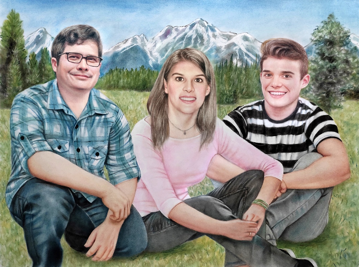 A custom family portrait drawing depicting a family posing in front of mountains.