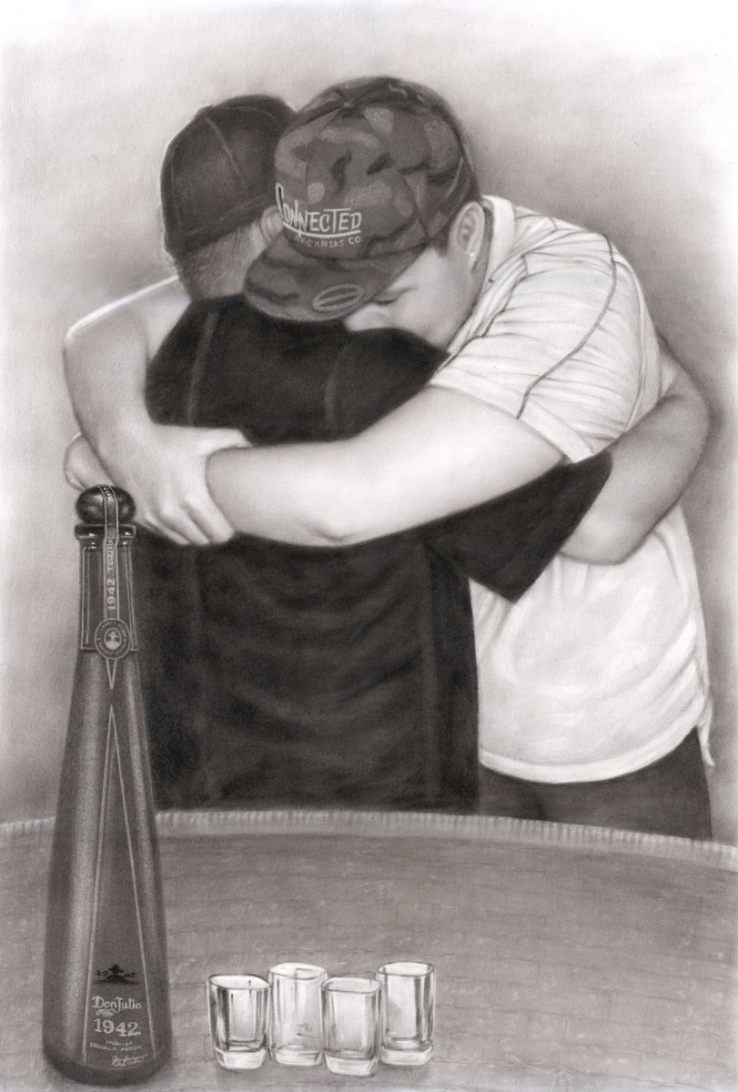 A personalized family portrait drawing of two men hugging each other in a premium charcoal dark style.