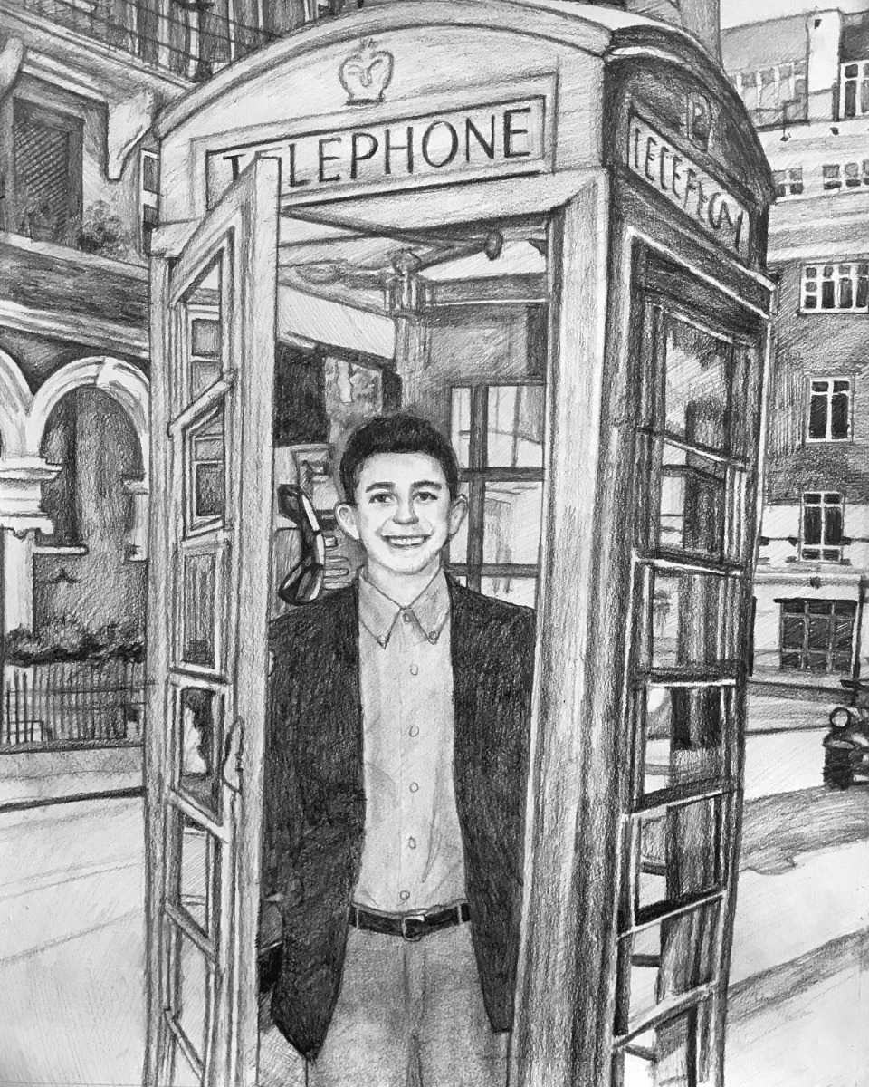 A pencil sketch of a man standing in front of a telephone booth, the best Christmas gift for boyfriend.