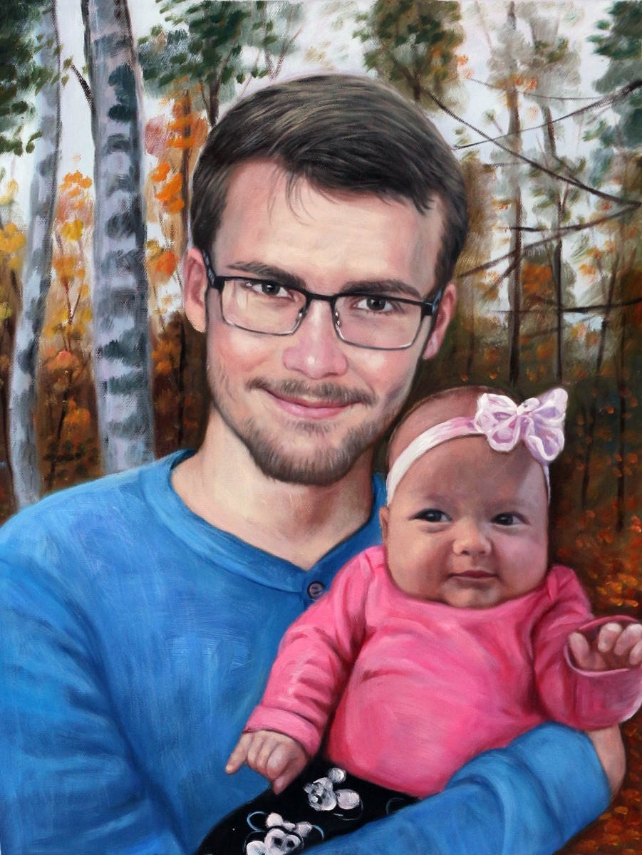 A thick brush style oil painting of a man holding a baby in the woods.