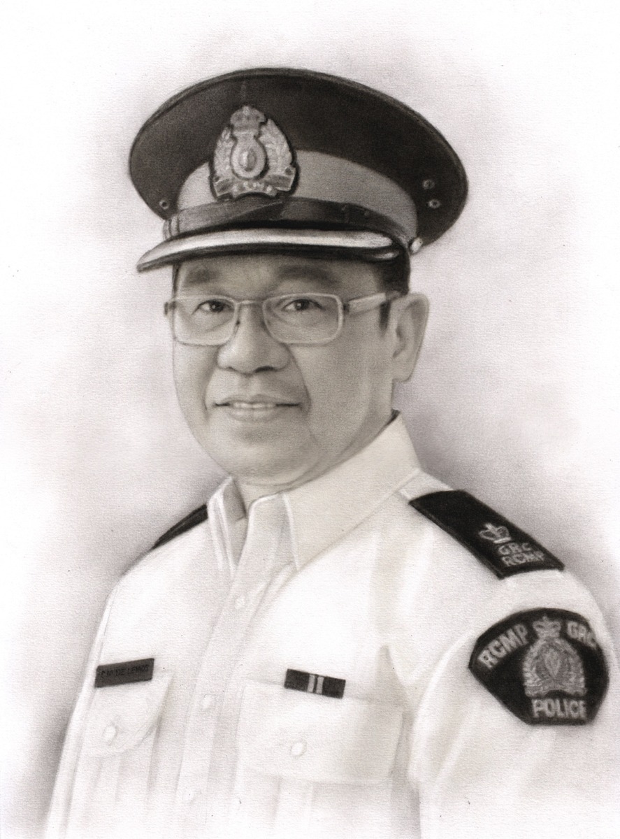 A black and white male portrait of a police officer in a premium charcoal dark style.