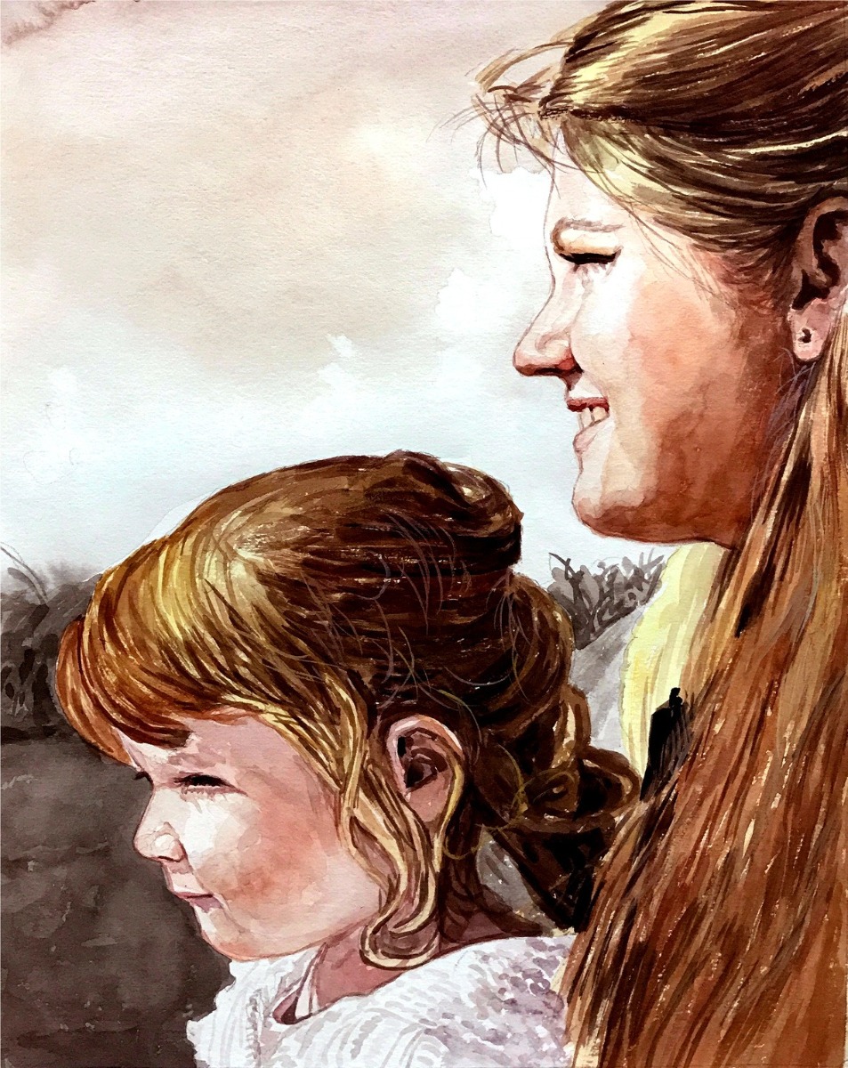 A watercolor painting depicting a mother and daughter, perfect as an artwork for parents.