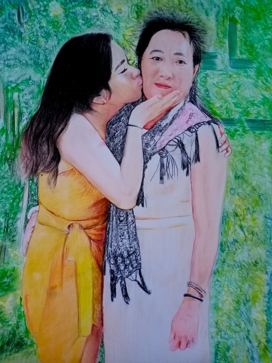 A Christmas artwork depicting mother-daughter love, dedicated to parents.