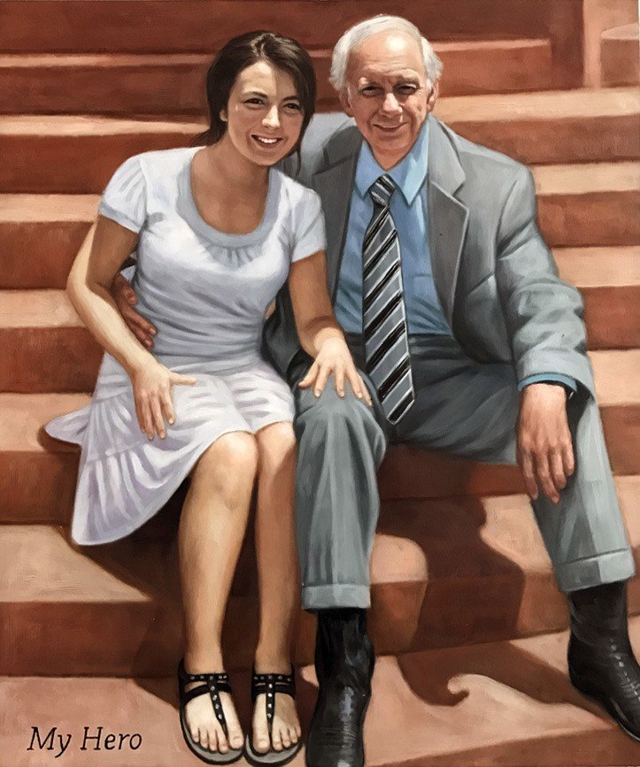 A custom parent painting featuring a man and his daughter sitting on steps.