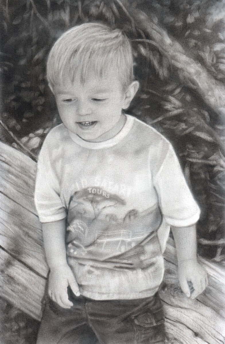 A charcoal portrait of a boy sitting on a log.