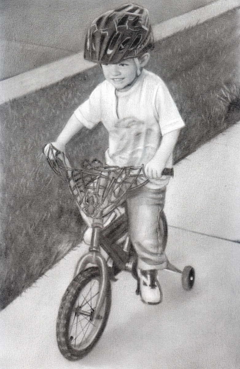 A premium charcoal drawing of a boy riding a bicycle.