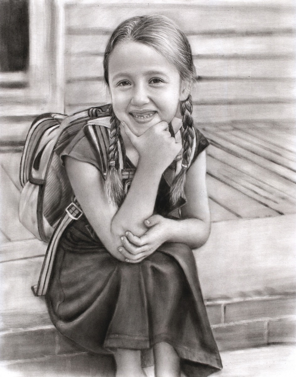 A premium charcoal solo portrait of a little girl with a backpack.