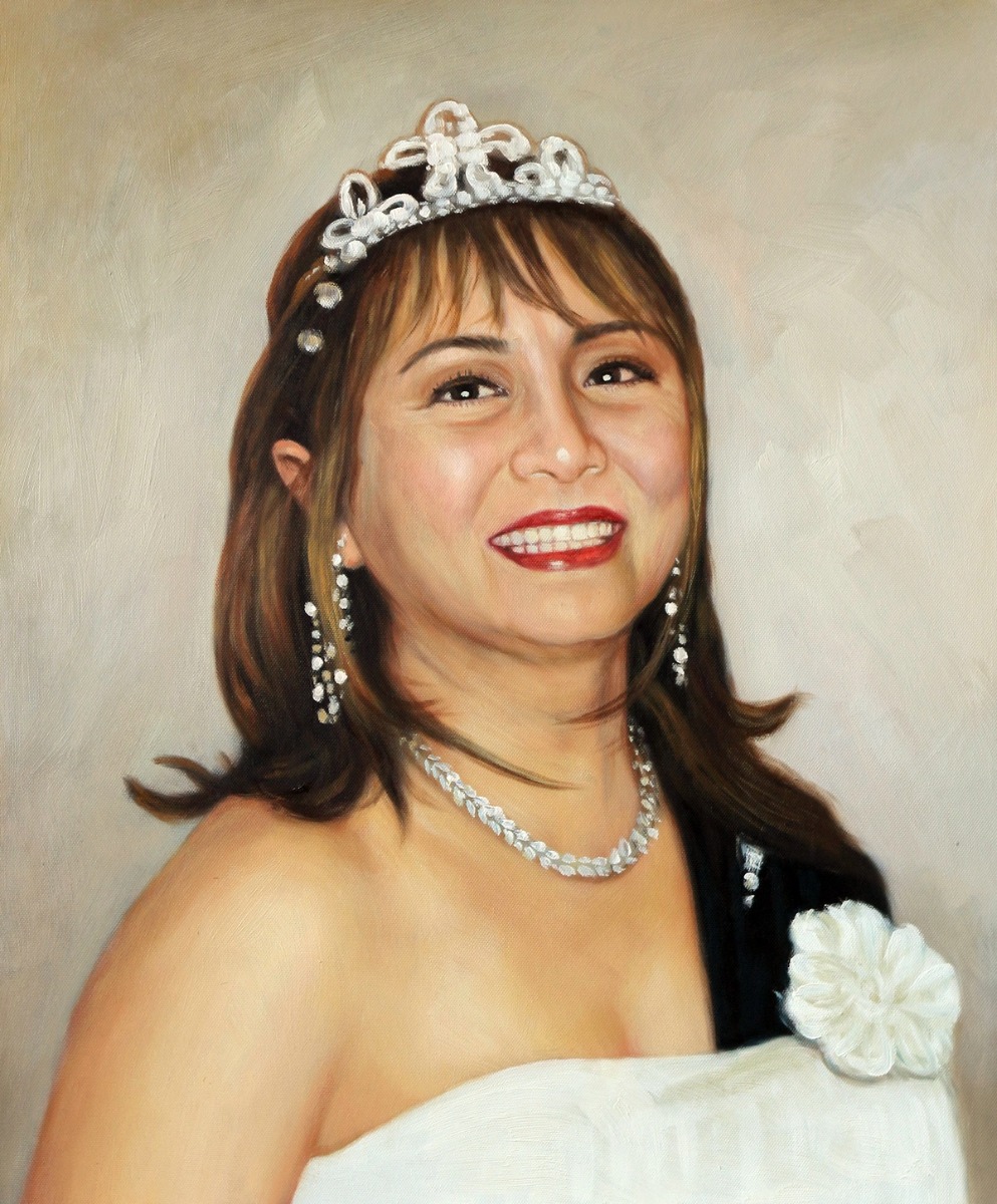 An oil painting portrait capturing a woman adorned with a tiara in a fine brush style.