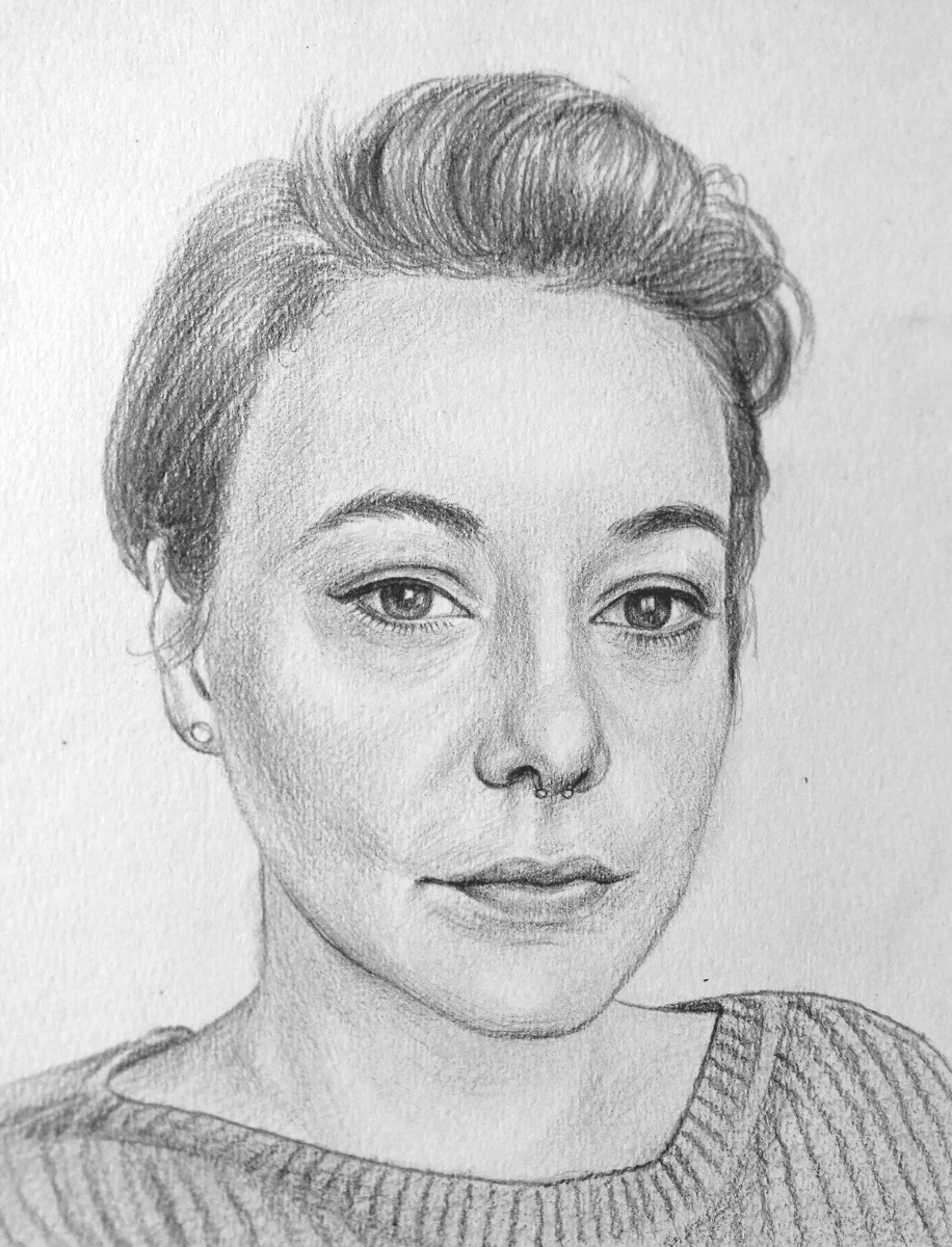 A solo pencil sketch of a woman with short hair.