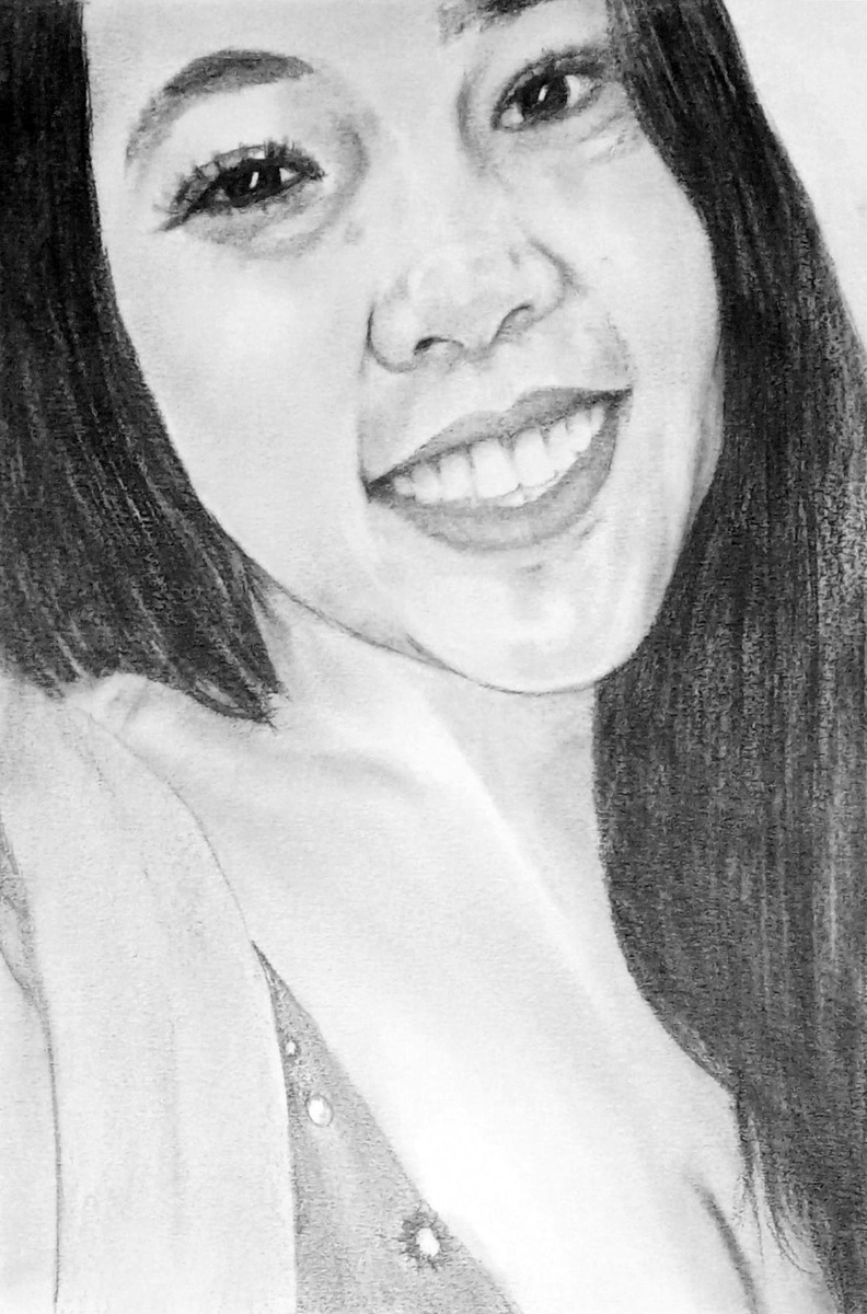 A pencil drawing of a woman smiling, perfect as a Valentine's Day gift for her.