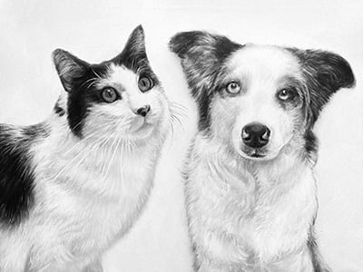 A black and white oil painting of a dog and cat.