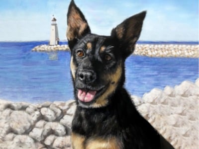 A pastel portrait of a black and tan dog in front of a lighthouse.