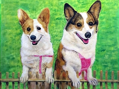 A watercolor painting of two corgis on a fence.